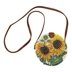 Sunflower Painted Round Woven Crossbody Bag – Handmade in Philippines – New